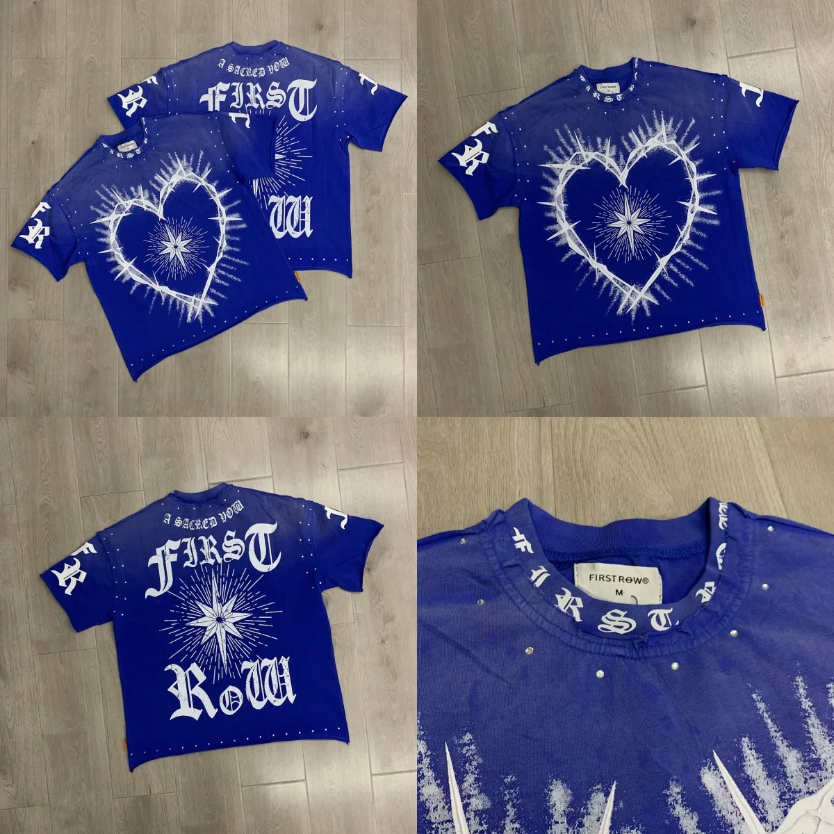 Oversized Blue Tee Men FIRST ROW Rhinestone Print T-shirt Retro Y2K Gothic Streetwear Loose Crew Neck Casual Shirts Unisex