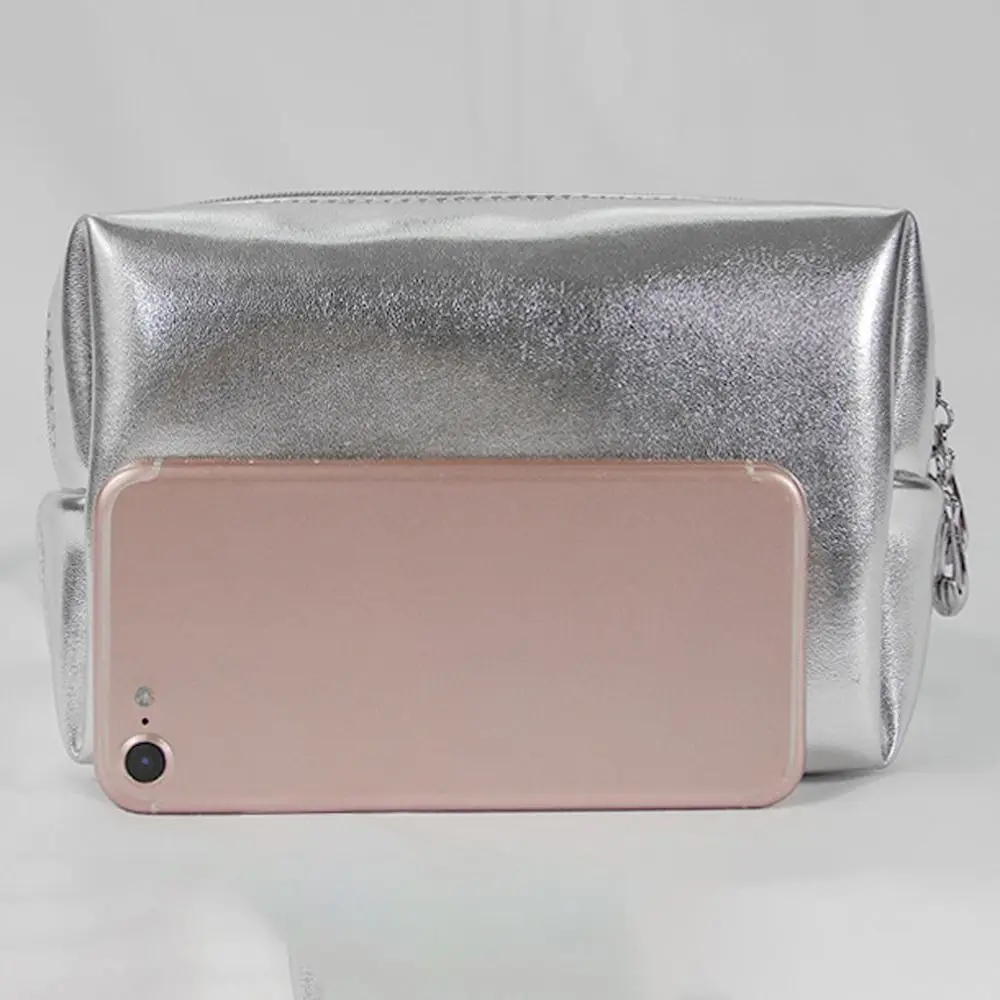 Korean PU Leather Shell Makeup Bag Silver Color Rectangle T Shape Cosmetic Handbag Solid Color Lipstick Bag