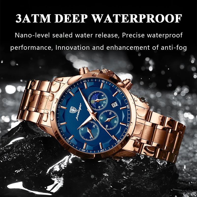 POEDAGAR Rose Gold Sport Watches Men Brand Waterproof Luxury Luminous Quartz Watch For Man Stainless Steel Stopwatch Clocks 2023