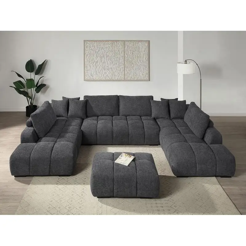 Live Gray Chenille Sectional Sofa with Toss Pillows, 2 Chaises & Ottoman