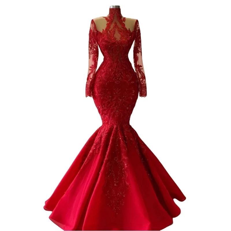 Custom Made Luxury Red Mermaid Evening Dresses Long Sleeve High Neck Lace Applique Long Women Formal Occasion Gown Party Wear