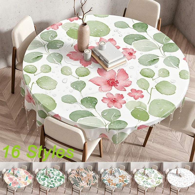 

New 1pc Plant Pattern Outdoor Elastic Round Tablecloth-Durable Polyester,Easy-Clean for Kitchen Dining,Picnics,Garden Parties