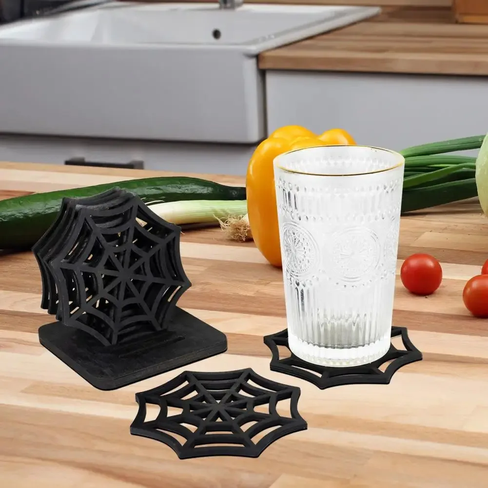 Wooden Spider Web Coasters Halloween Accessories Non-slip and High-Temperature Cup Pad Table Protector Kitchen Dishes Tableware