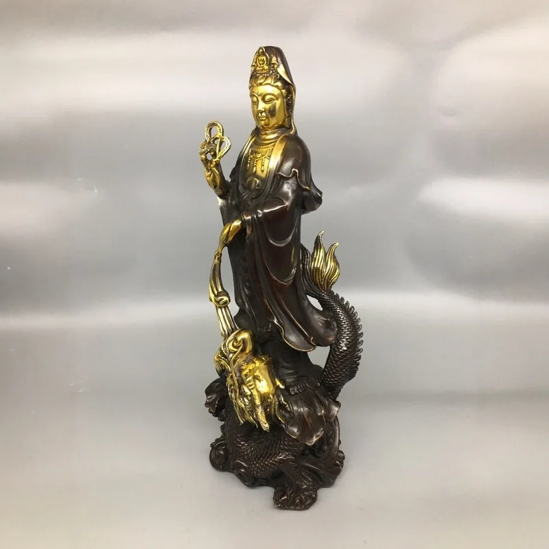 Copper Guanyin Figurine for Home Decoration, Brass and Purple Copper Color, Gilt Dragon Guanyin Ornament