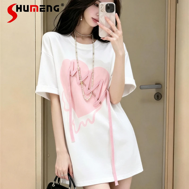 

Fashion Love Heart Printed Short-sleeve T-shirts Women's 2026 Summer New Loose Comfort Chic Tees Round Neck Color Matching Tops