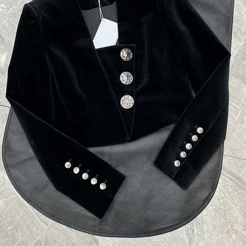 

Fashion Black Velvet Short Jacket Autumn New Classic Single Breasted Square Collar Slimming Coat 2024High End Y2K Clothes Runway