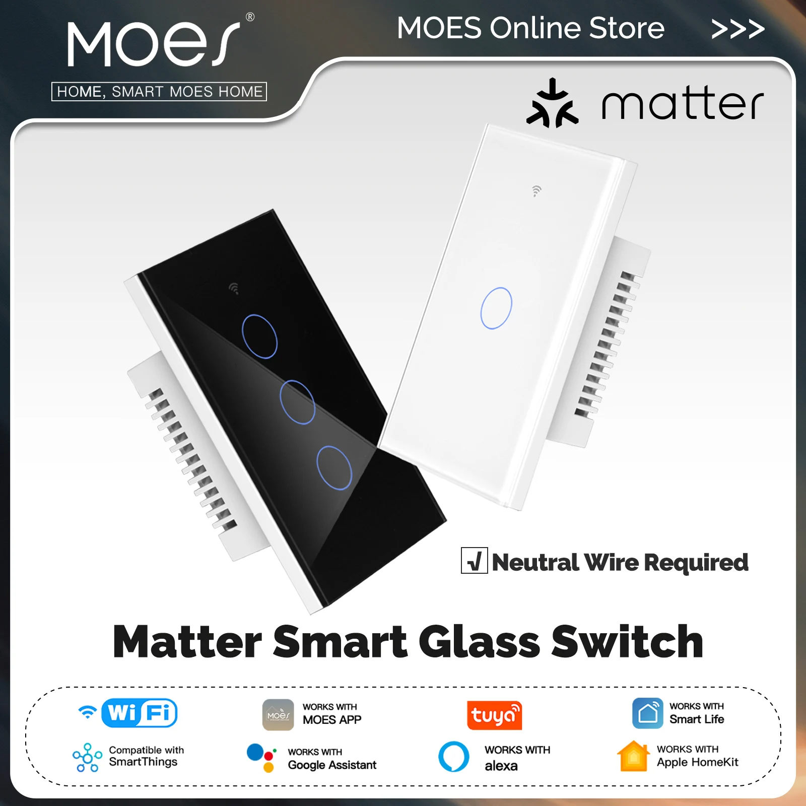 

MOES Tuya WiFi Matter US Smart Light Glass Switch Touch Panel Fireproof Neutral Wire Require Support Alexa Google Home Homekit