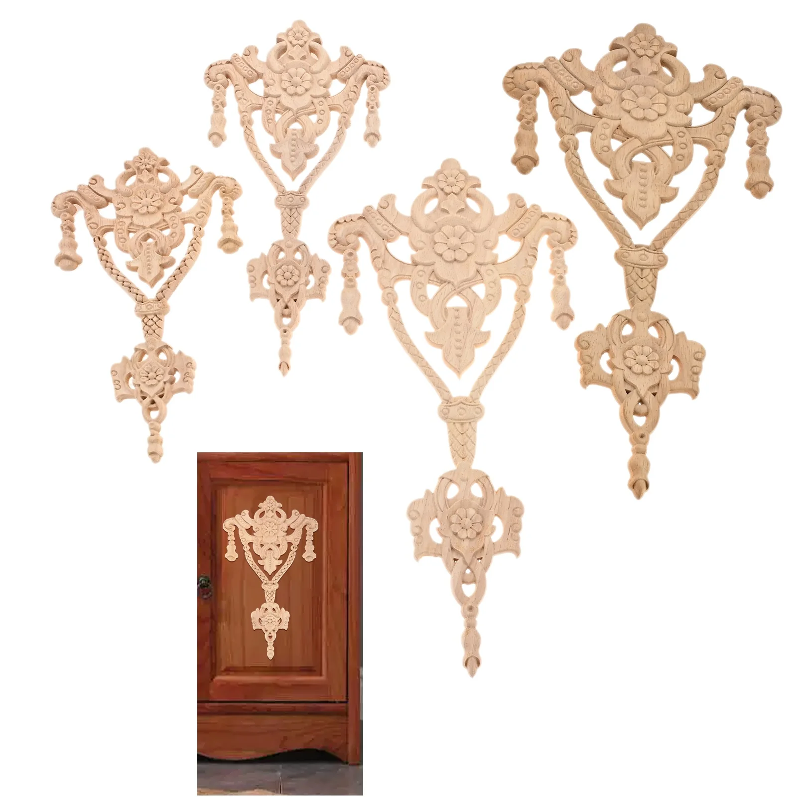 Door Cabinets Wood Applique European Style Carving Onlay Decor Unpainted Oak Mouldings Decal Hollow Crown Scepter Flower Pattern