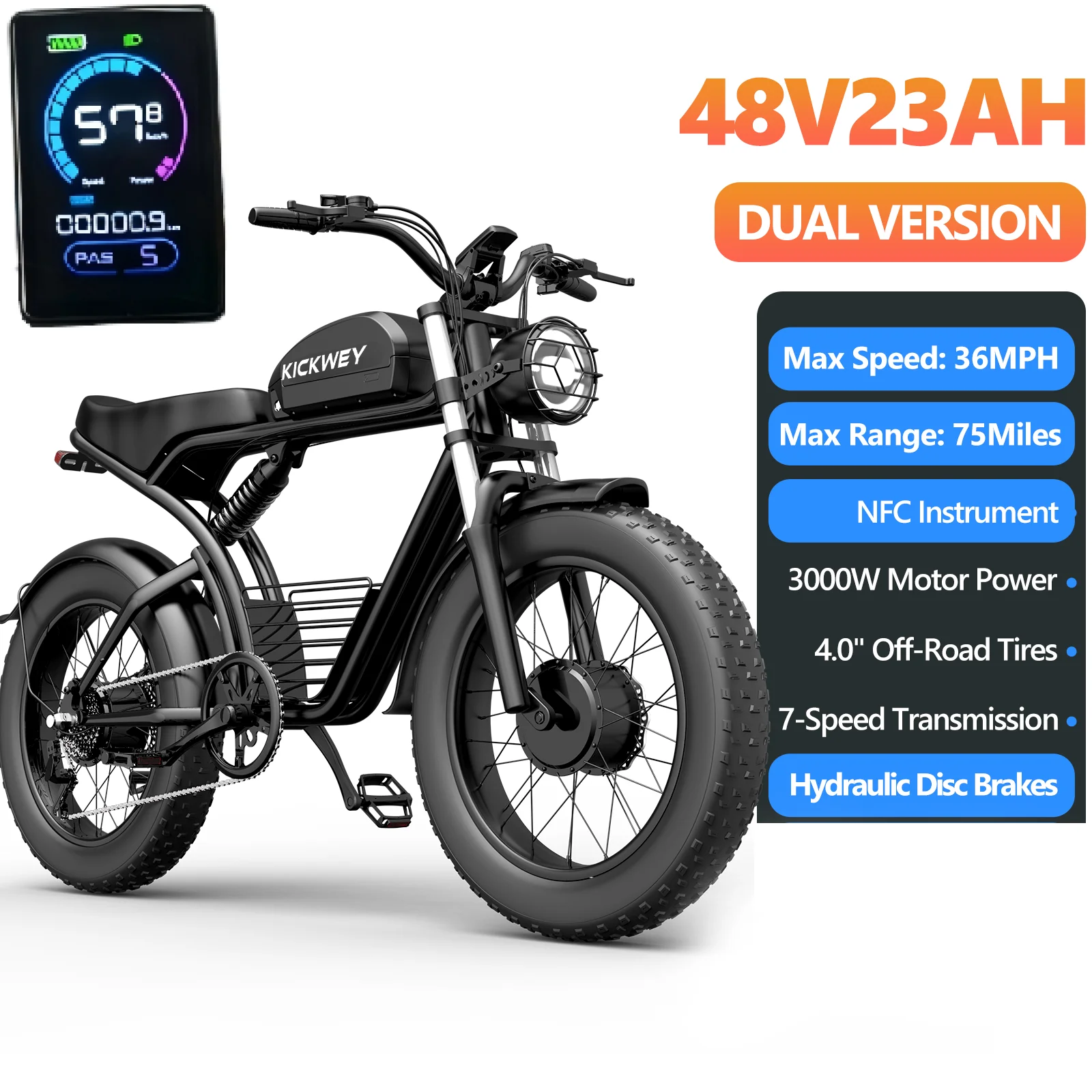 Kickwey 2026 Hot Sale New Arrival K7 3000W Adult Off-Road Mountain Electric Bicycle with NFC Display 48V 46Ah Removable Large Capacity Battery High Speed Long Range 20"×4.0" Fat Tire 1-Year Warranty Ships From US Fast Shipping image 1