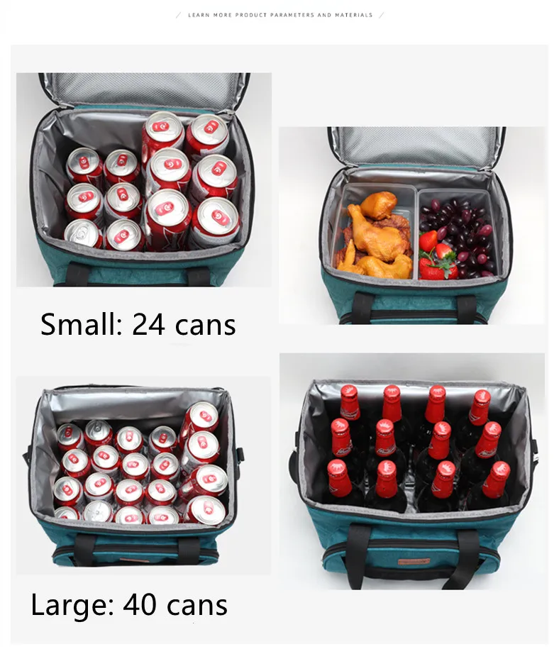 16/28L 40 Dosen Kühlerhandtasche mit Riemen, Picknicktasche, Isotherme-Isoliertasche für Eis, Bier, Mahlzeitenbehälter, Lunchtasche, DENUONISS – Detail 2