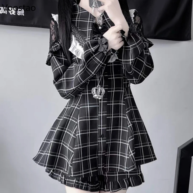 Japonês harajuku y2k lolita strass arco vestido shorts conjunto feminino gótico manga longa camisa de renda vestido kawaii shorts 2 peça conjunto