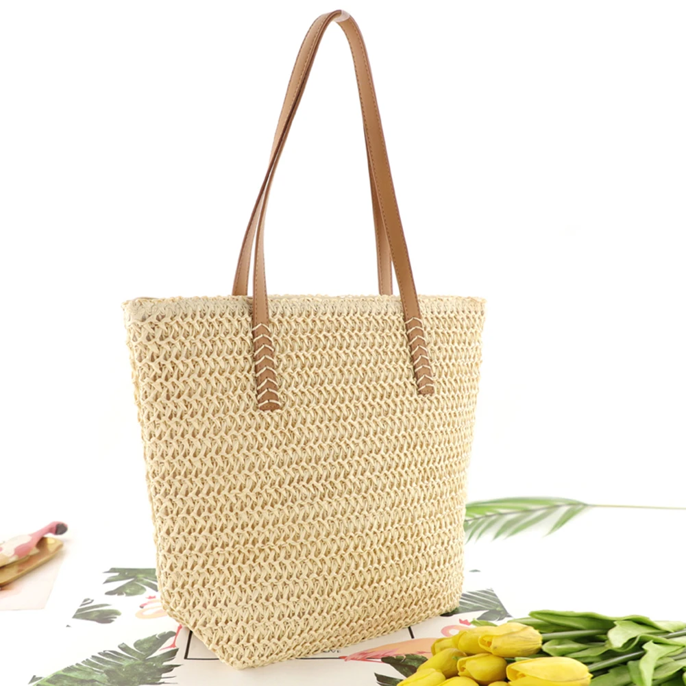 Bolsa de ombro monocromática de alça superior feminina com alça removível, bolsa tecida chique para compras, moda verão