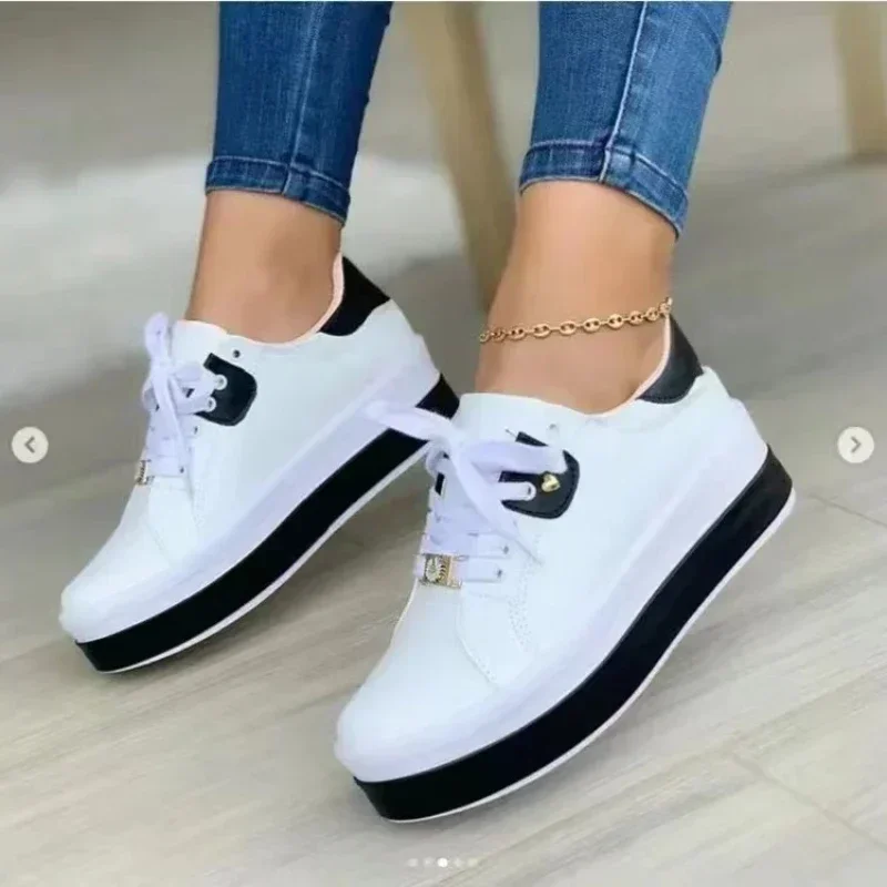 

New Women Leather Breathable Vulcanized Shoes Woman Casual Platform Sneakers Thick Bottom Low Top Plus Size 42 Vulcanized Shoes