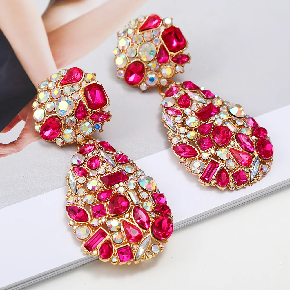 Vintage Teardrop Big Dangle Drop Earrings For Women Luxury Quality Colorful Crystal Unusual Pendientes Party Statement Jewelry