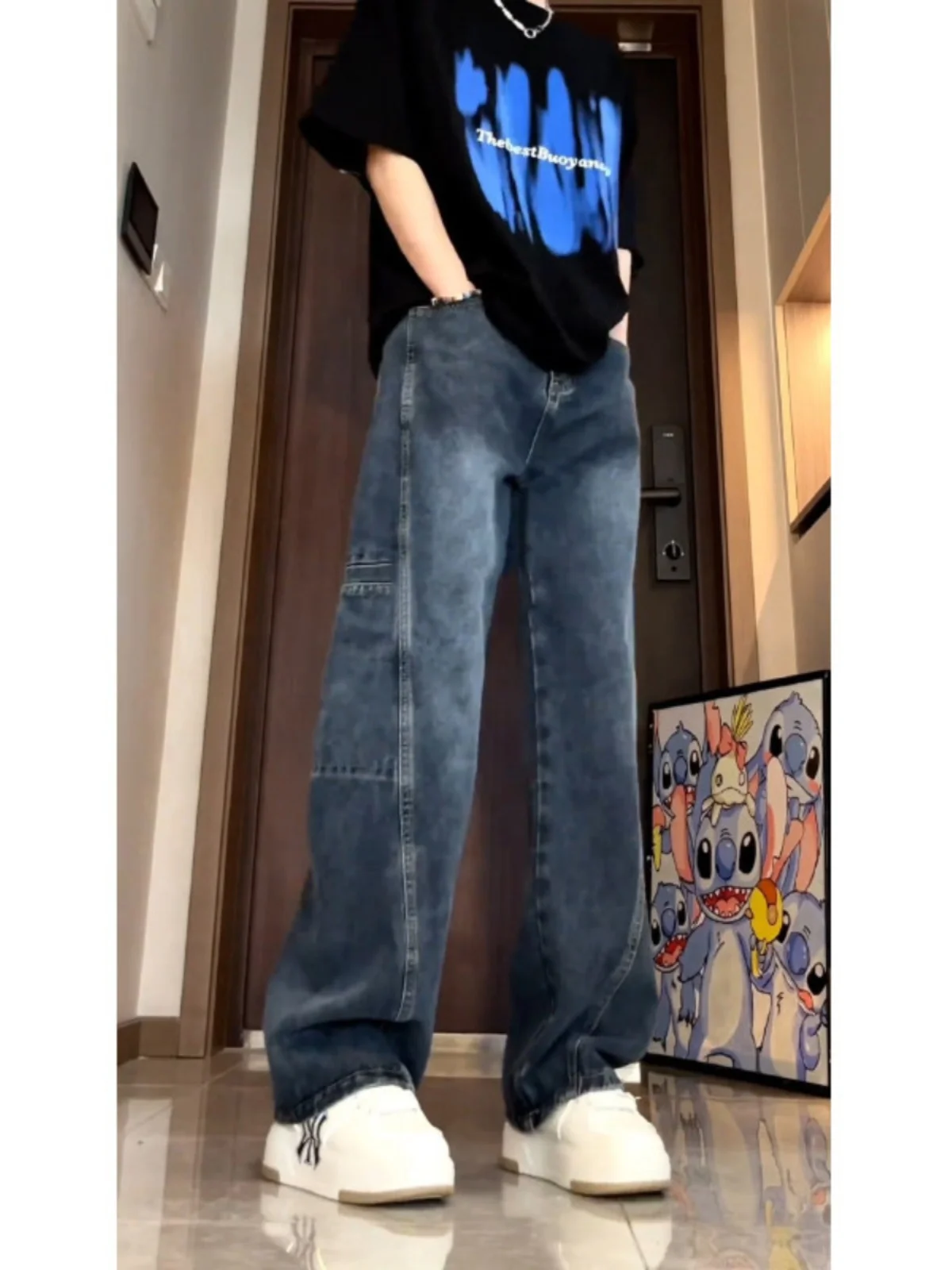 

High Waist k Blue Men's Jeans Summer Thin Leg Lengthening Bell Bot Casual Loose Fit Straight Leg Jeans Youth Faion