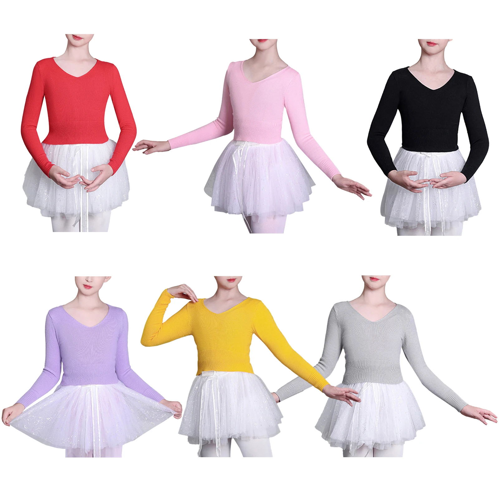 

Kids Girls Ballet Dance Tops Long Sleeve V Neck Solid Color Stretch Knitted Cotton Sweater Keeping Warm for Gymnastics Wear New