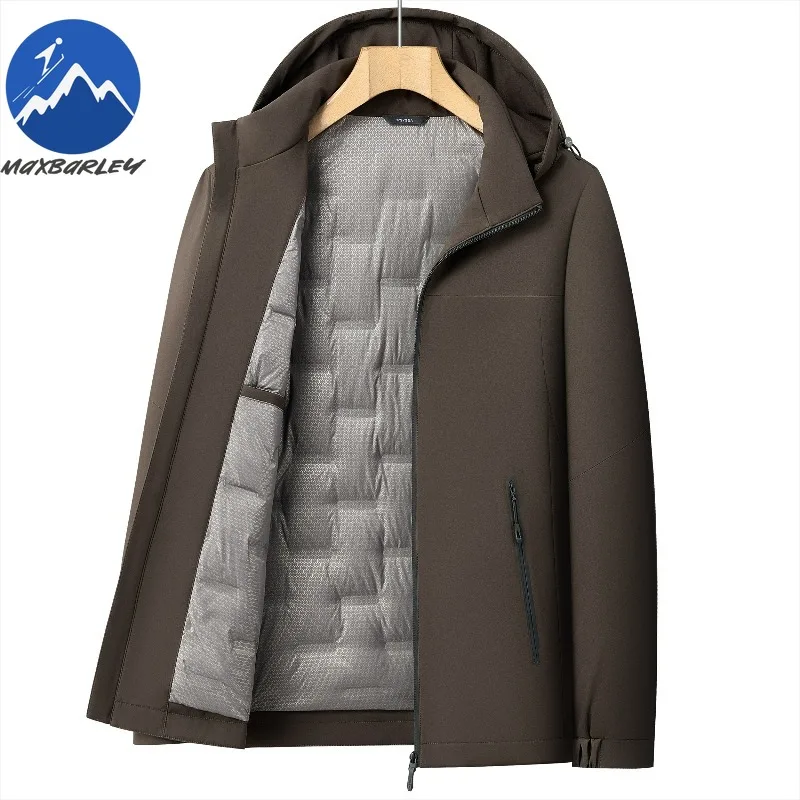 Maxbarley Men Down Jacket Fashion Hood Commuter Office Thickened Warm Zipper Coat Casual Outdoor Travel Cold-proof Winter Parka