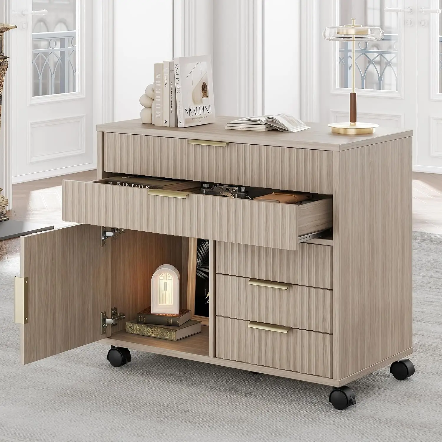 Fluted 5-Drawer File Cabinet with Door & Lockable Wheels, Home Office Storage, Light Oak, Customized
