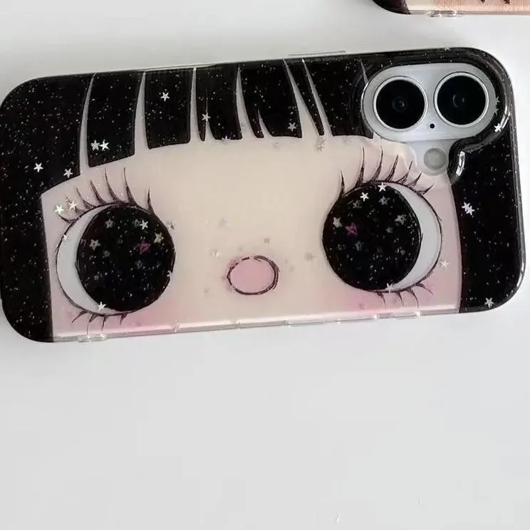 Kawaii لطيف أسود عيون كبيرة كول آيفون حافظة مناسبة آيفون 11 12 13 14 15 16 برو ماكس زائد غطاء الهاتف المضادة للسقوط ﻿ ﻿
