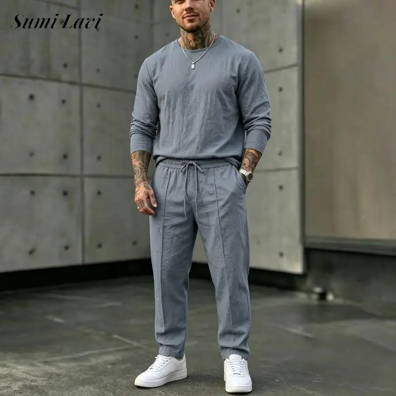 春秋ファッション-メンズ-ツーピースセット-カジュアル-無地-ルーズフィット-レジャー-メンズ-長袖tシャツ＆パンツ-リネンスーツ