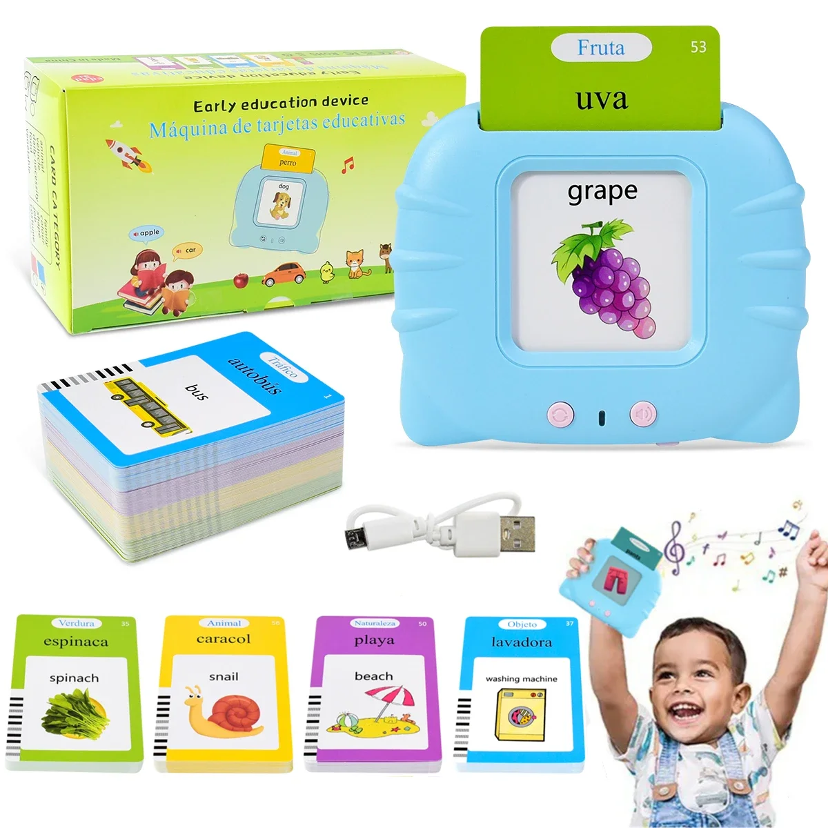 Crianças livros de áudio flashcards, cartões cognitivos eletrônicos espanhol falando cartões flash educação precoce aprender palavras estudo brinquedos jogo