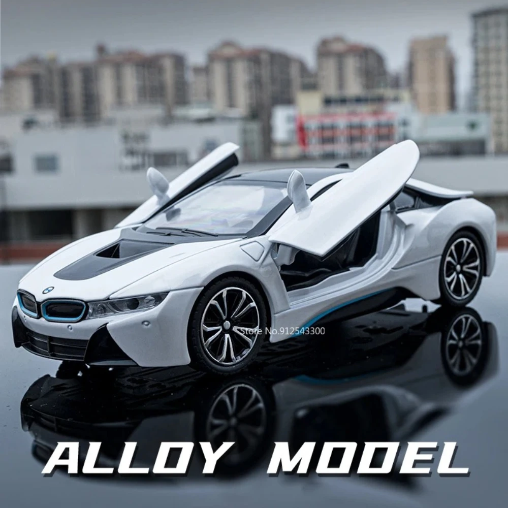 1:22 BMW I8 Legering Diecast Sportwagen Model Speelgoed Geluid Licht Deuren Geopend Trek Rubberen Banden Supercars Festival Cadeaus voor Kid