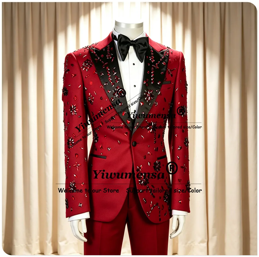 

Luxury Suis Men Slim Fit Black Peaked Lapel Prom Blazers Cusotmized Jewelry Stones Jacket Pants 2 Pieces Sets Groom Tuxedos 2027