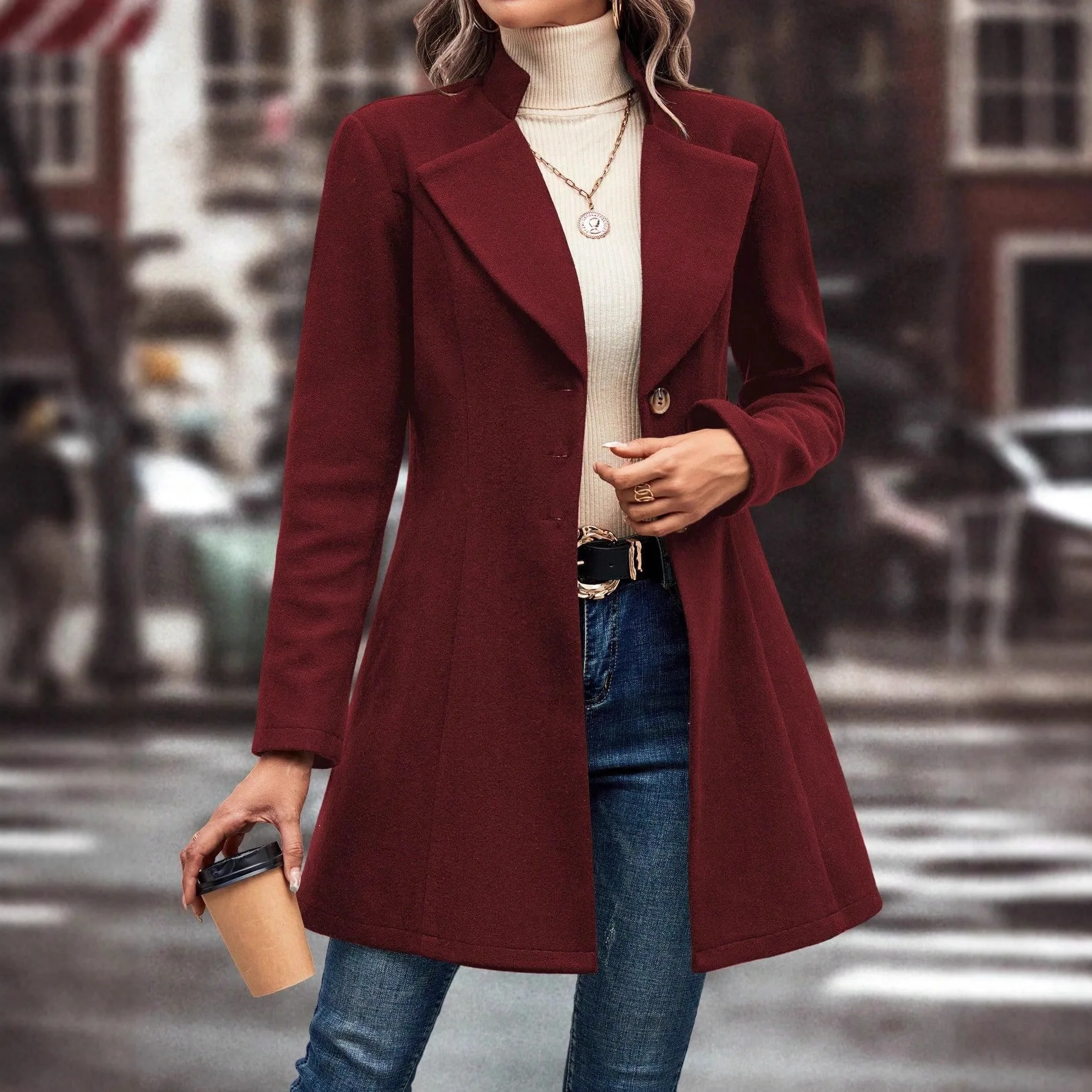 เสื้อโค้ทผ้าสีพื้นสำหรับผู้หญิง ปี 2025 ดีไซน์เข้ารูปช่วงเอว สไตล์ลำลอง ไม่มีแบรนด์