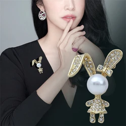 Cute Rabbit Rhinestone Brooch Pearl Metal Lapel Pins for Women Girl Sweater Backpack Stylish Pins Jewelry Accessories Gift