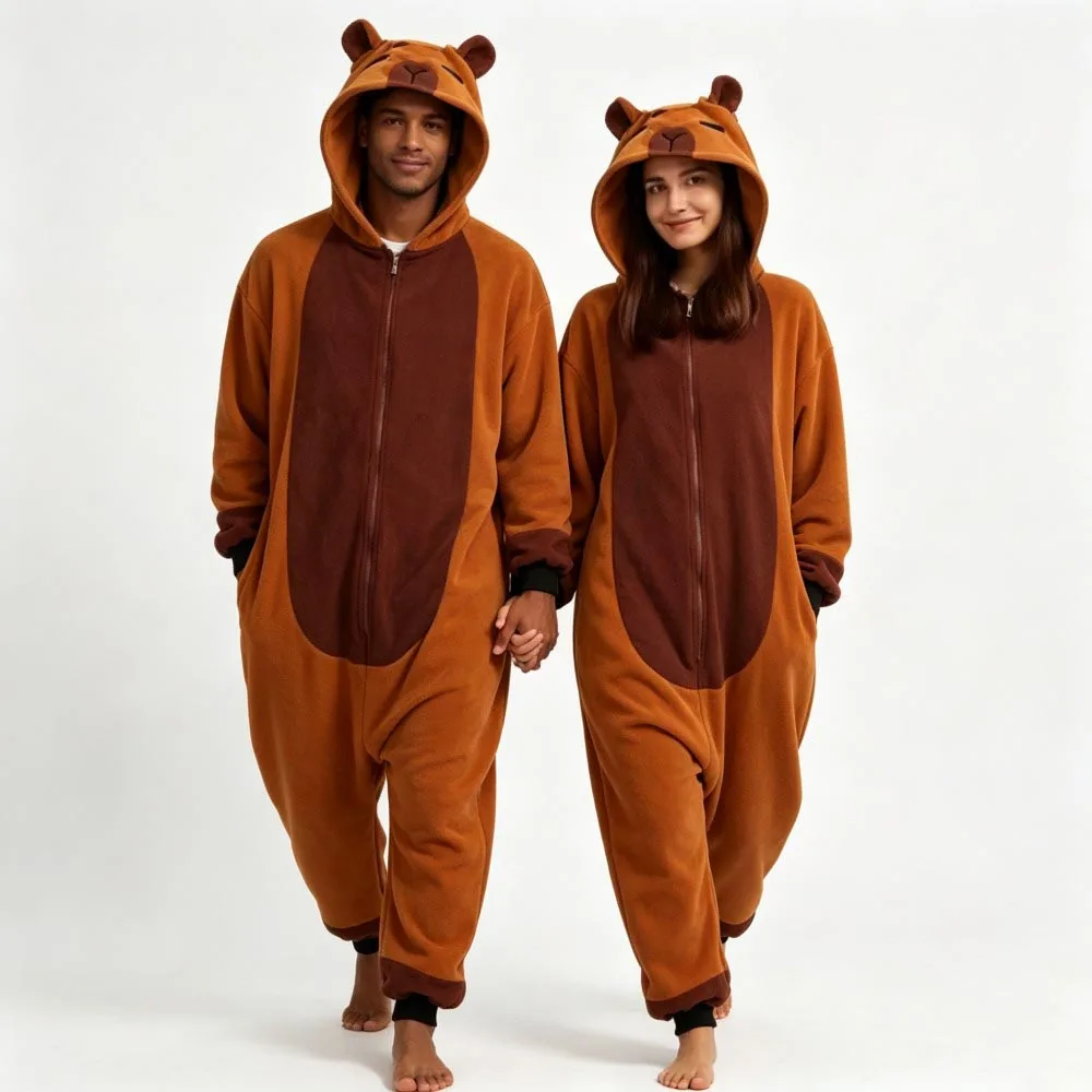 Adult Capybara Kigurumi Pajamas Flannel Hooded Onesie, Warm One Piece Jumpsuit Cute Animal Sleep Loungewear For Men Women