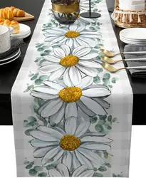 Summer Daisy Flower Eucalyptus Linen Table Runners Spring Farmhouse Holiday Wedding Party Decor Dresser Scarf Dining Table Decor