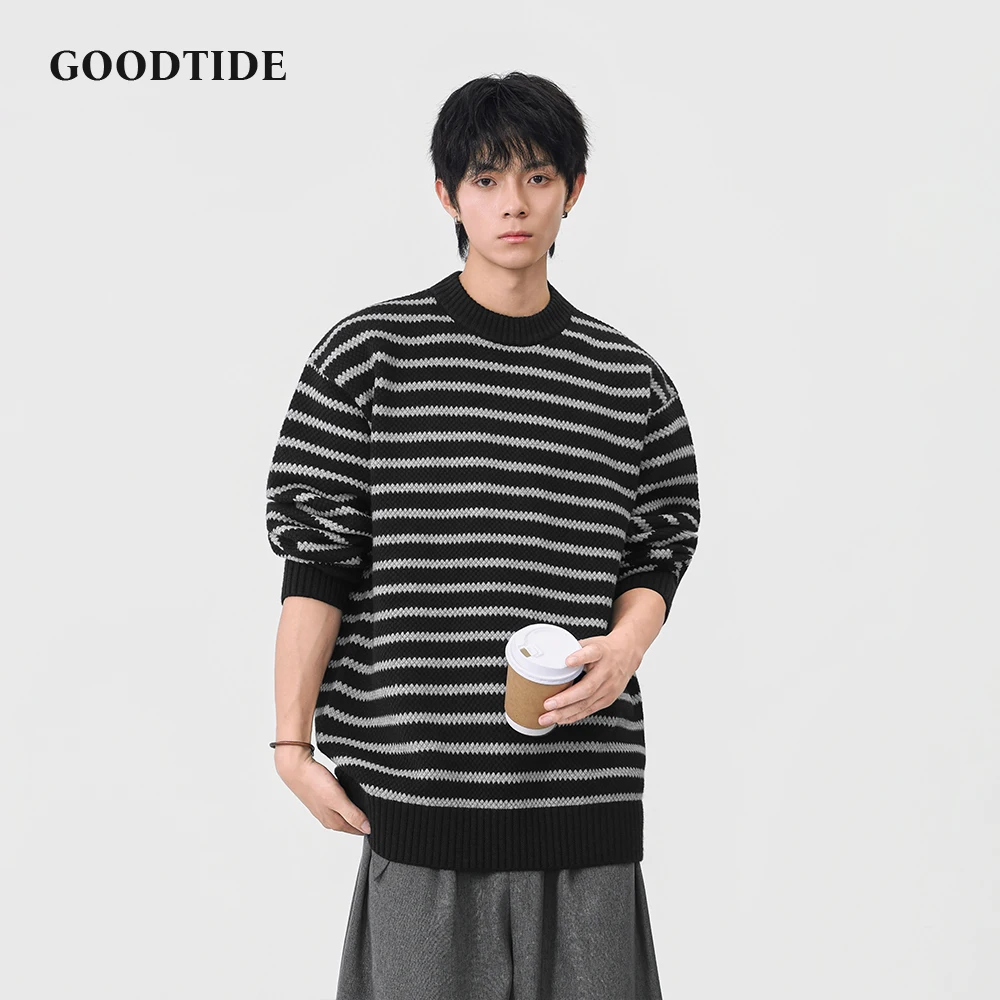 Fashion Men's Casual Crew Neck Sweater 2025 Winter New Stripe Knitted Pullover Comfortable Soft Long Sleeve Jumper Top