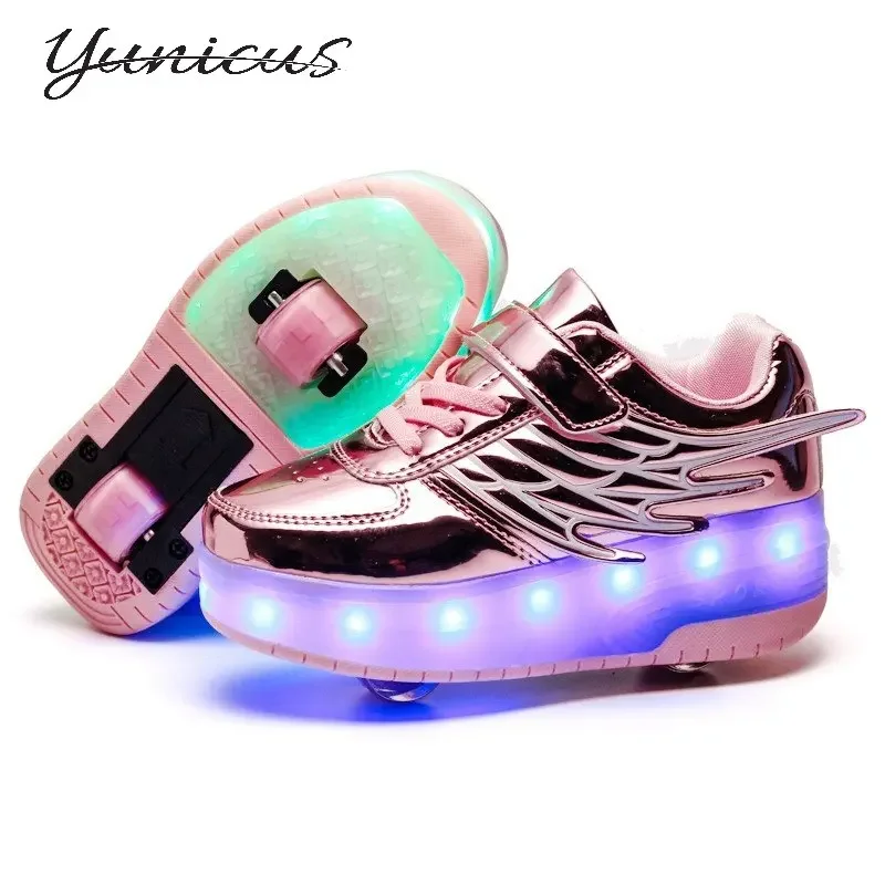 YUNICUS USB Chargable LED Light Up Roller Shoes Wheeled Skate Sneaker Shoes for Boys Girls Kids