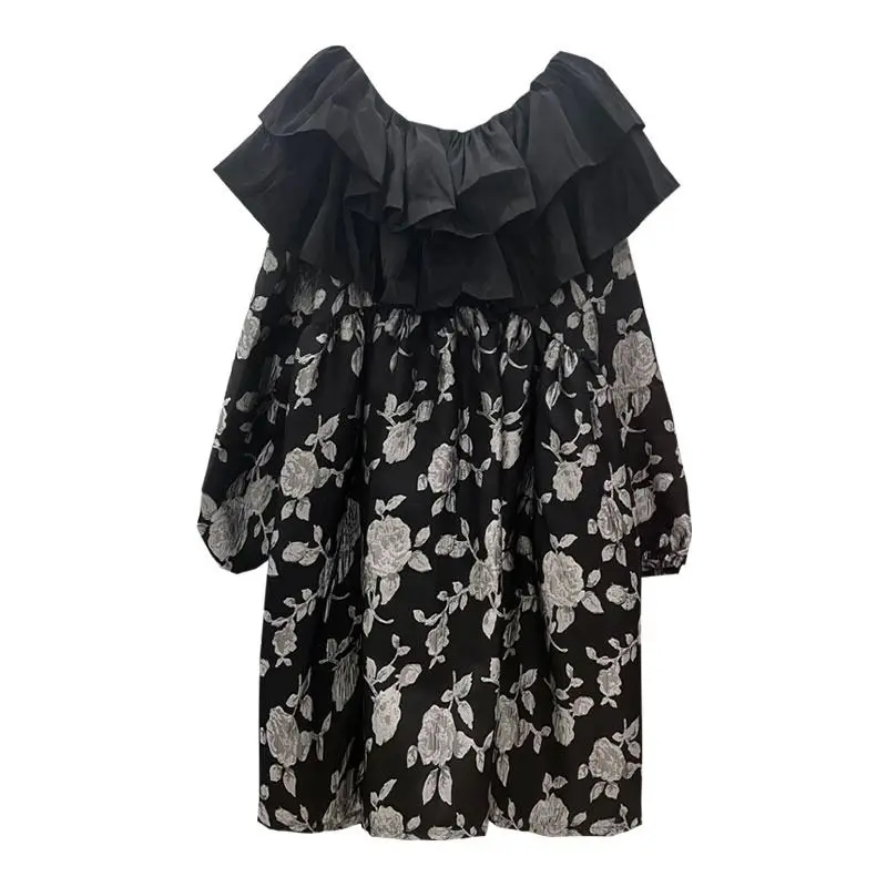 

Hepburn French style doll collar large size long-sleeved dress printed loose black skirt long dress