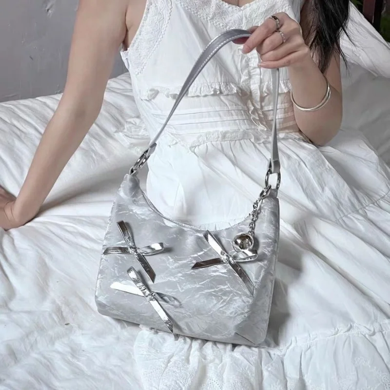 Korean Fashion Sweet Bow Underarm Bags Women Silver Commuter Shoulder Crossbody Bag