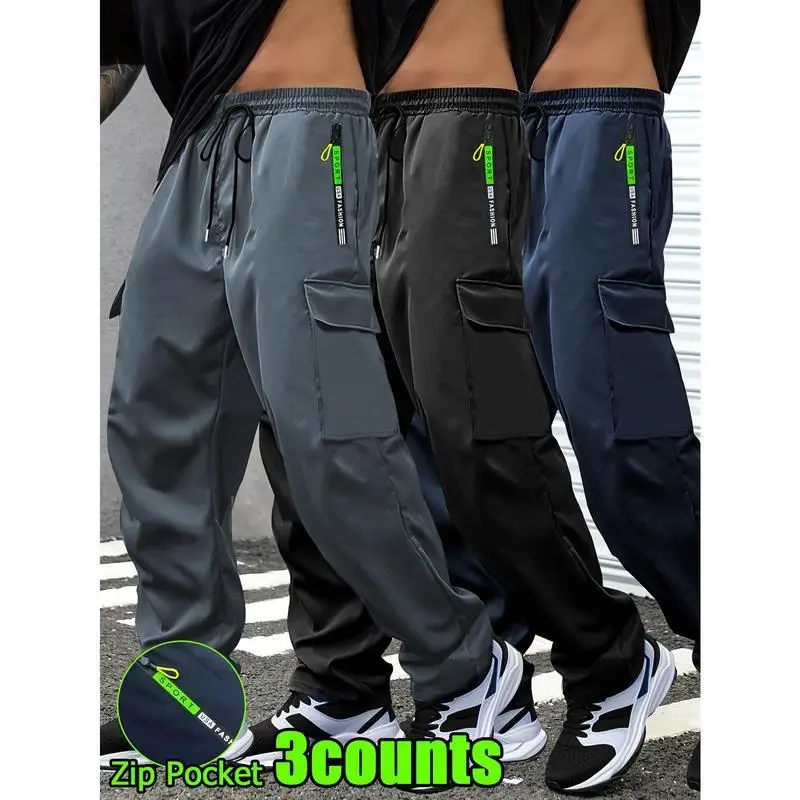 Men's 3 Pack Multi Pocket Cargo Pants Black Straight Leg Neutral Style Casual Trousers for Summer Season Other Material 100%