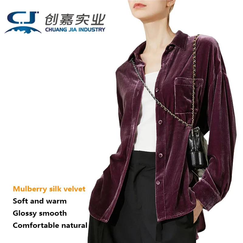 봄 여름 천연 실크 벨벳 여성 긴팔 셔츠 레트로 스타일 캐주얼 라이트 럭셔리 부드럽고 편안한 대형 사이즈