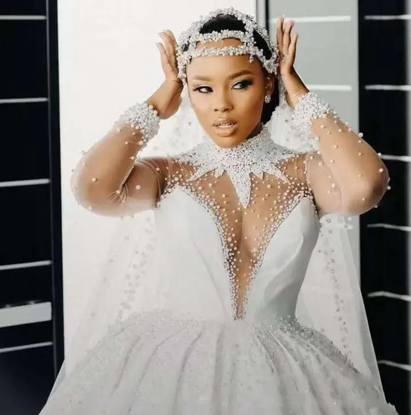 Customized African Wedding Dress High-Neck Long Sleeves Pearls Beads Appliqued Satin Women Bridal Gowns Court Train New Design V