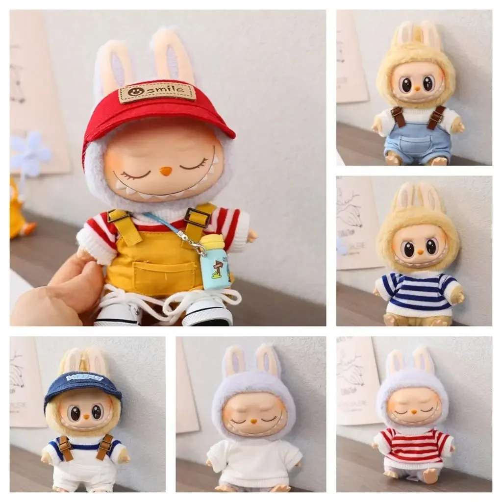 (Cloth Only) For 17 CM labubu Macaron 15cm outfit Doll Clothes Overalls Shoes for labubu cloth Cute Decoration Little Clothes