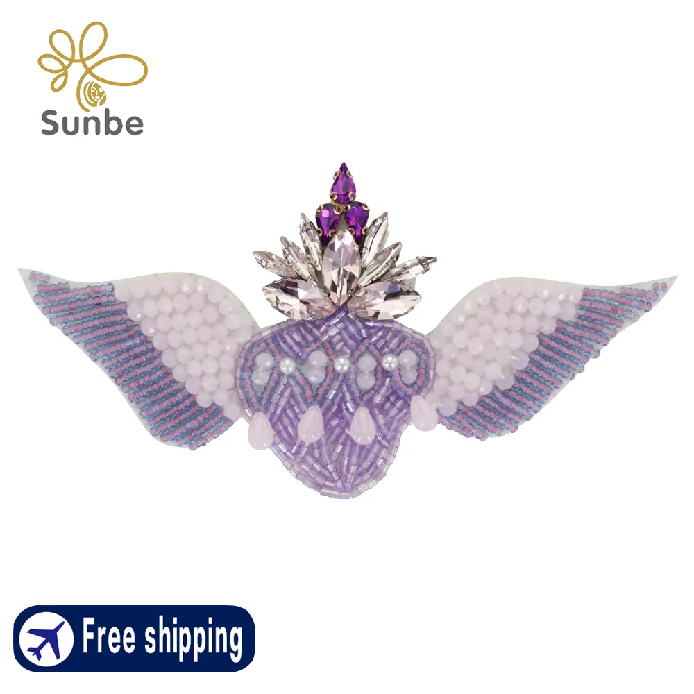 Wing  Heart Patches Beaded Crystal Badges Handmade Crown Heart Applique Sew on  Patches for Brooches Jewelry Decorative Clothes