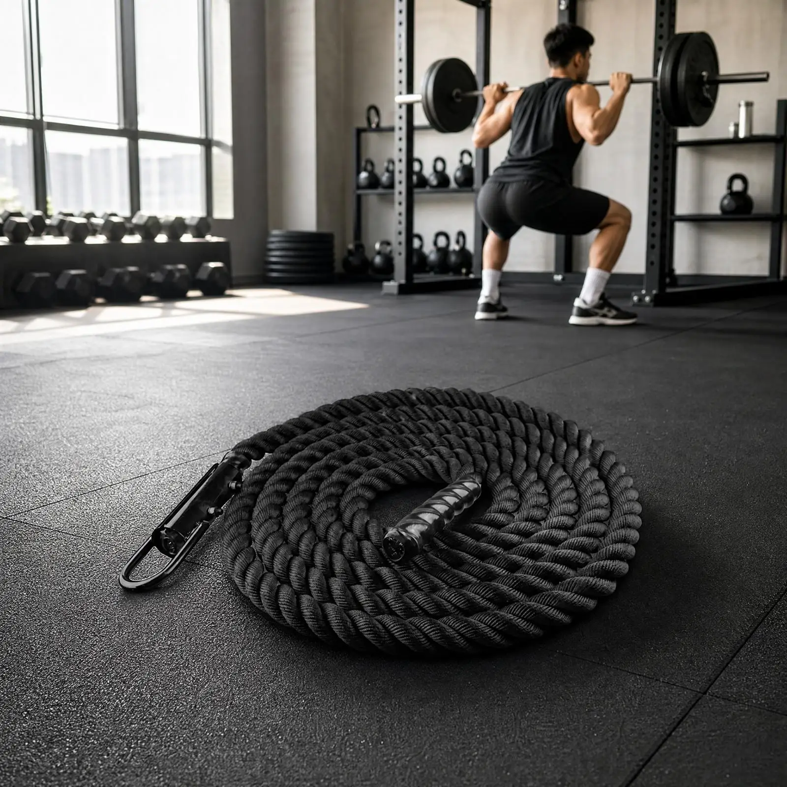 Reinforced Climbing Rope with Black Metal Hook for Rock Climbing Training Strength Conditioning Exercise Use
