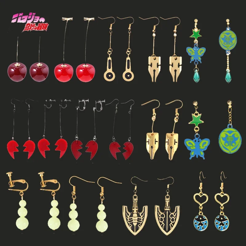 Anime JoJo Bizarre Adventure Drop Earrings Kakyoin Noriaki Cherry Earrings Ear Clip for Women Men Cosplay Jewelry Gift