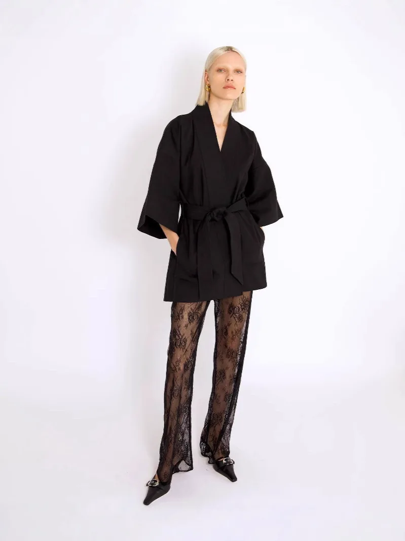 Women Sheer Lace Pants Transparent Gothic Straight Leg  Cover Up Trousers Flower See Through Elastic Waist Pants Slim Streetwear