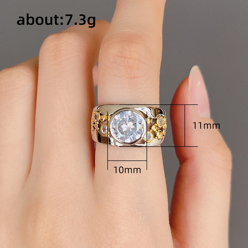 Huitan Two Tone Design Women\'s Rings Inlaid Round Cubic Zircon Hollow Out Design Wide Band Female Ring for Party Fashion Jewelry