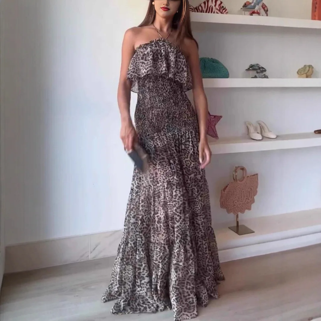 Nuevo vestido de mujer europea y americana, vestido largo sin mangas con cuello sexy y estampado de leopardo de verano