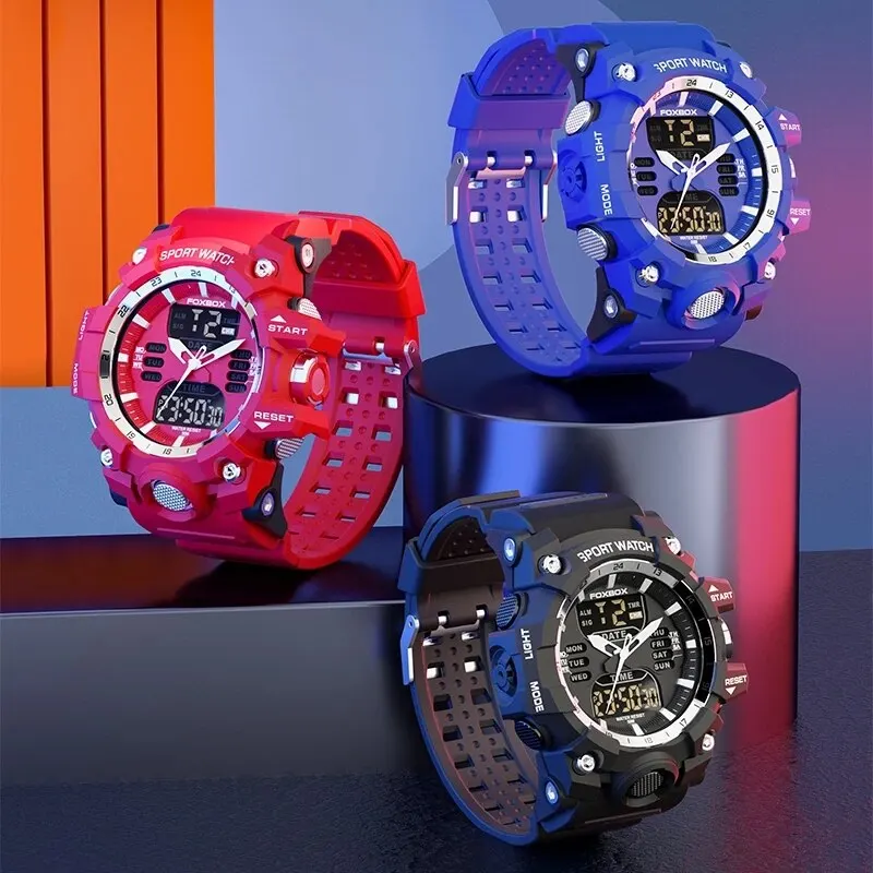 New Men Watch Dual Time LED Digital Watch for Men Waterproof Chronograph Quartz Red Military Sport Electronic Wristwatch