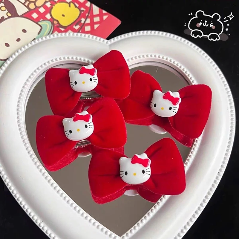 Sanrio Hello Kitty 1PCS Hairpin Cute Cartoon Girls Hair Accessories Fashion Conspicuous Red Bowknot Velvet Bobby Pin Gifts