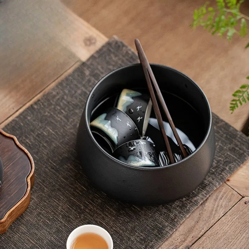 Black Pottery Ceramic Tea Washing With Cover Large Household Tea Residue Jar Jianshui Bowl Cup Washing Bowl Kung Fu Tea Ceremony