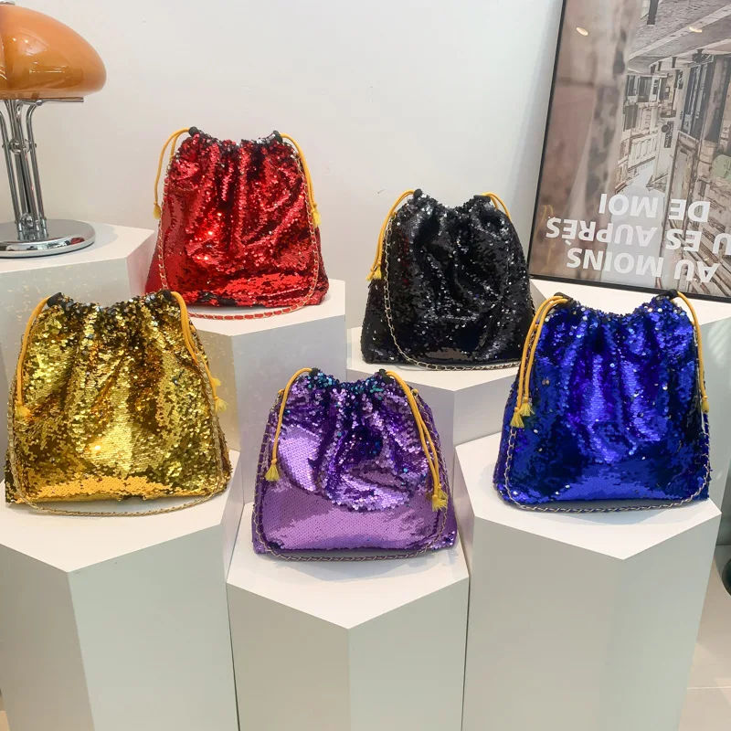 Bolso de noche de lujo para mujer, bolso de hombro con lentejuelas brillantes, bolsos de mano de fiesta, bolsos de cubo de moda, monederos con