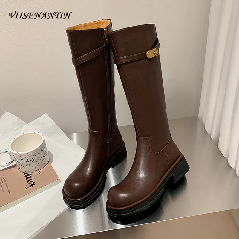 

Winter New Women's Knee High Boots Round Toe Thick Soled Side Zippers Motorcycle Boots Females Belt Buckle Handsome Long Boots